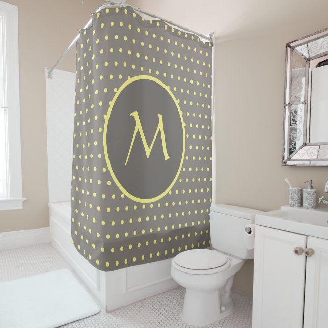 Yellow polka dots monogrammed grey shower curtain (In Situ)