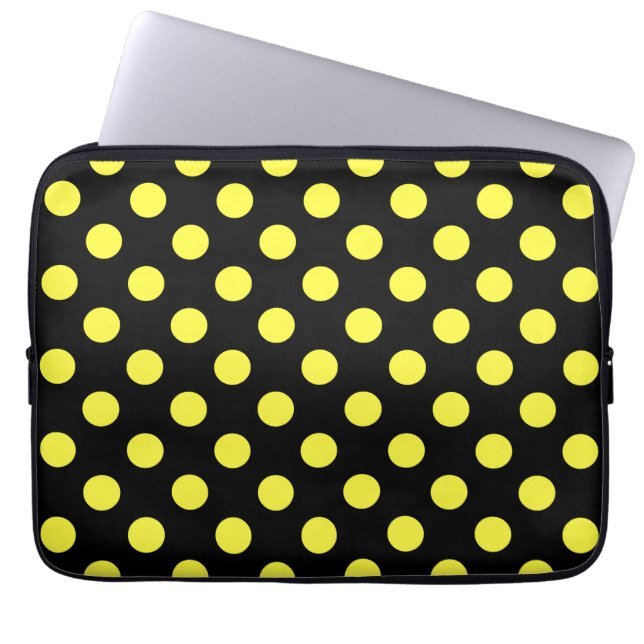 Yellow polka dots on black backgound laptop sleeve (Front)