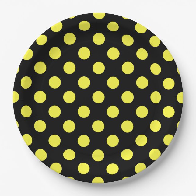 Yellow polka dots on black backgound paper plate (Front)