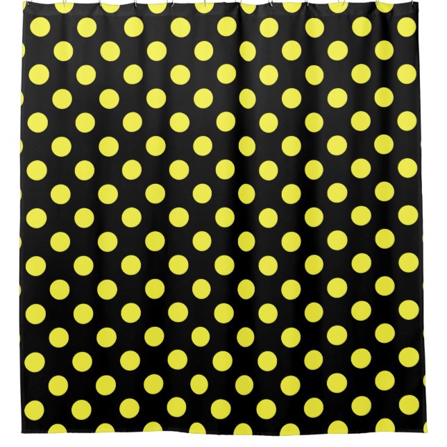 Yellow polka dots on black backgound shower curtain (Front)