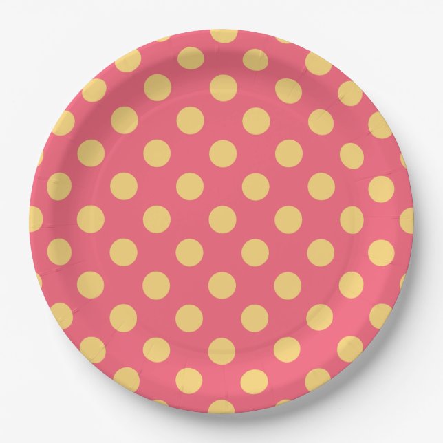 Yellow polka dots on coral paper plate (Front)