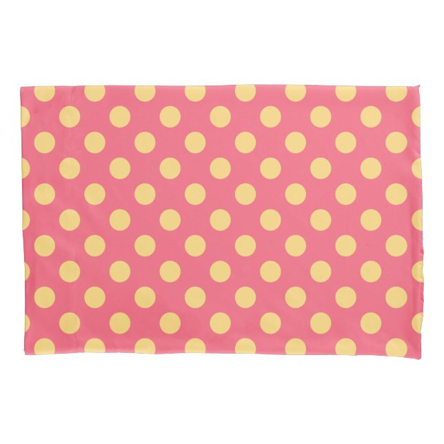 Yellow polka dots on coral pillowcase (Front)