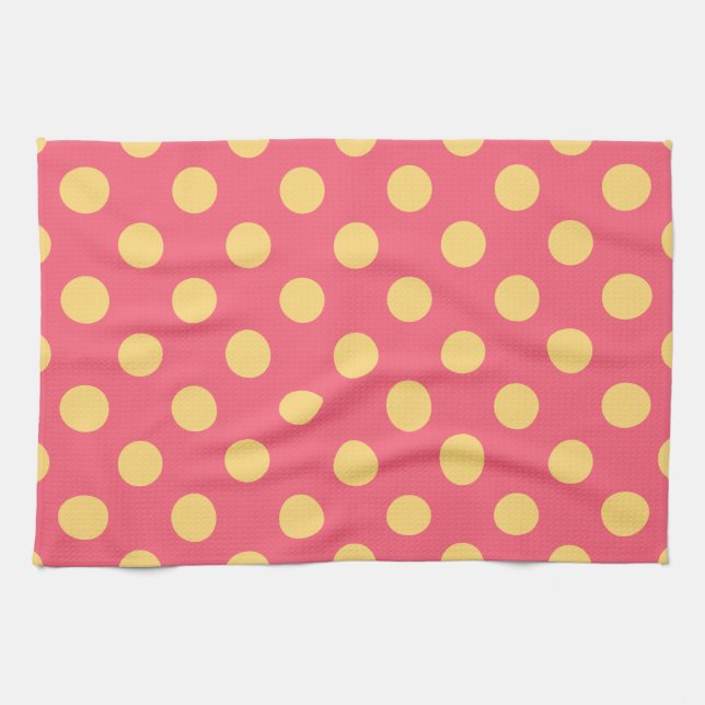 Yellow polka dots on coral tea towel (Horizontal)
