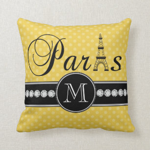 Yellow Polka Dots Paris Monogrammed Cushion