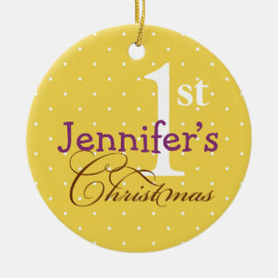 Yellow polka dots purple name baby first holiday ceramic ornament