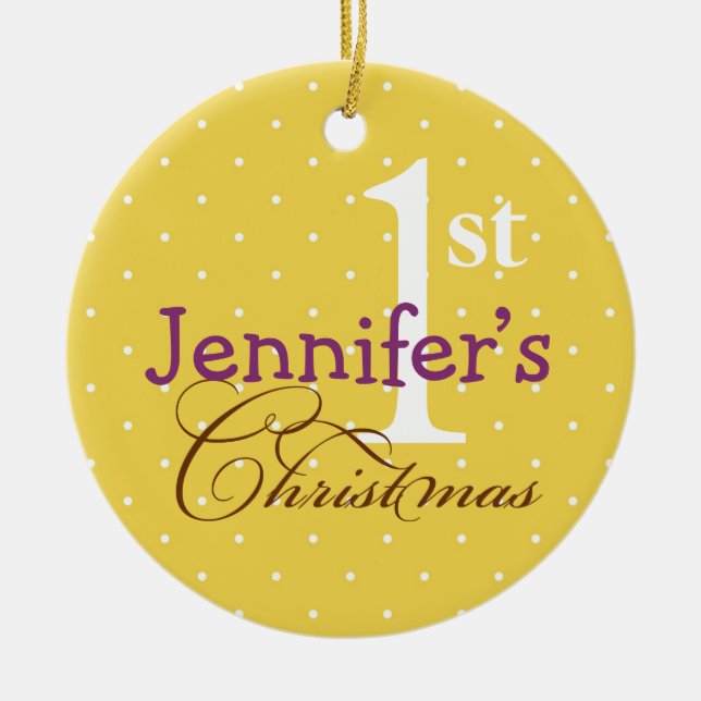 Yellow polka dots purple name baby first holiday ceramic ornament (Front)