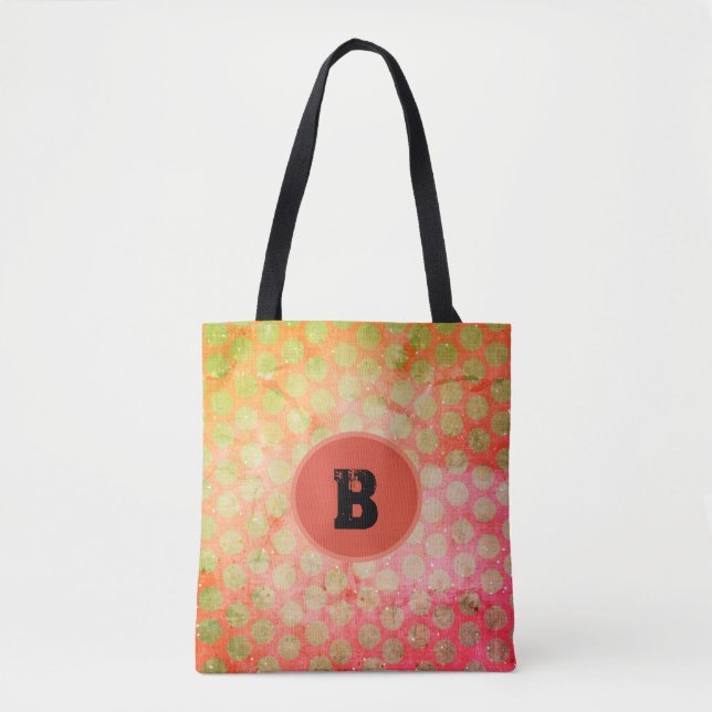 Yellow Polka Dots, red and green with monogram Tote Bag (Front)