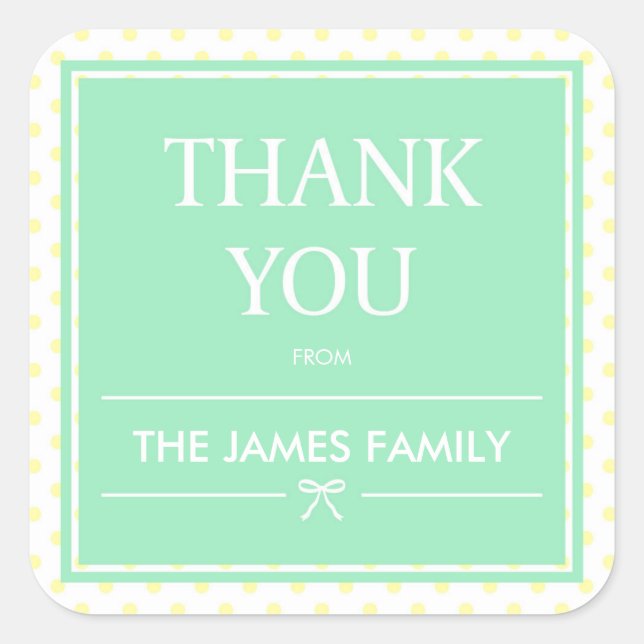Yellow Polka Dots & Ribbon Mint Thank You Square Sticker (Front)