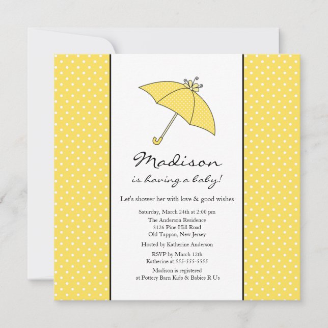 Yellow Polka Dots Umbrella Baby Shower Invitation (Front)
