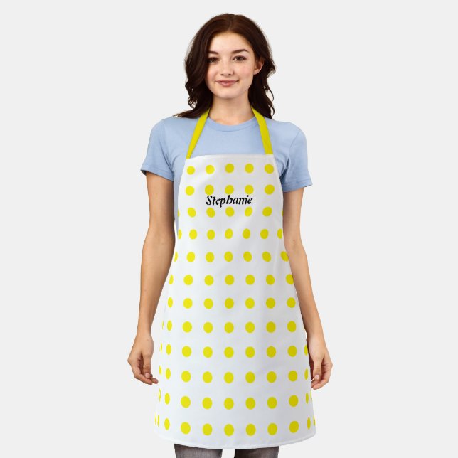 Yellow Polka Dots White Black Custom Name Stylish Apron (Worn)