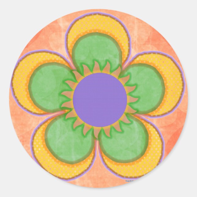 Yellow Polkadot Flower Orange Background Classic Round Sticker (Front)