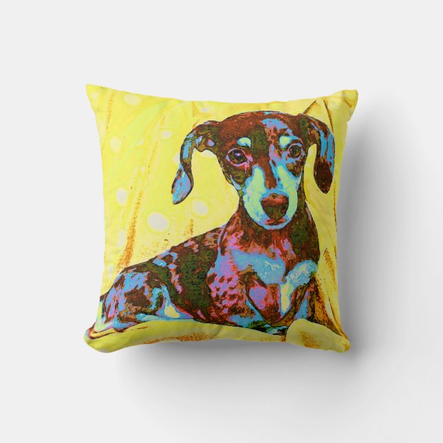 yellow pop art dachshund cushion (Front)
