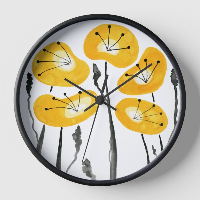 Yellow Poppies, Abstract Watercolor Flowers Clock (Front)