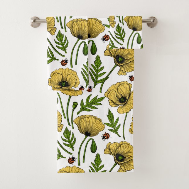 Yellow poppies and ladybugs bath towel set (Insitu)