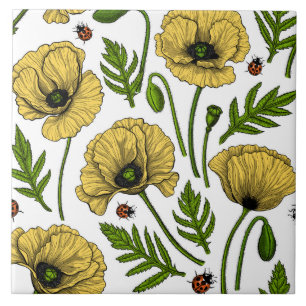 Yellow poppies and ladybugs ceramic tile