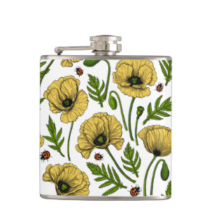Yellow poppies and ladybugs hip flask