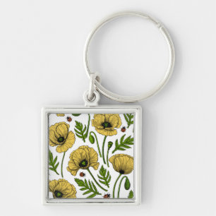 Yellow poppies and ladybugs key ring