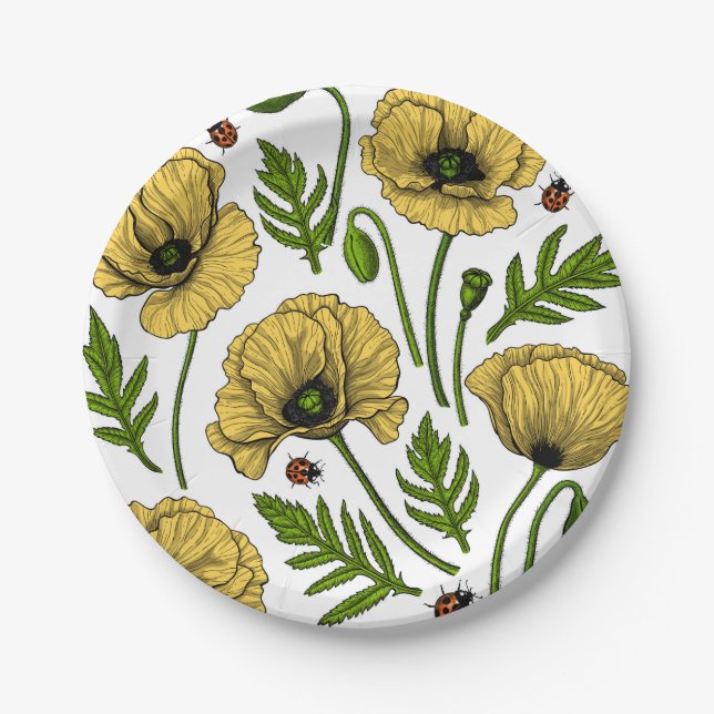 Yellow poppies and ladybugs paper plate (Front)