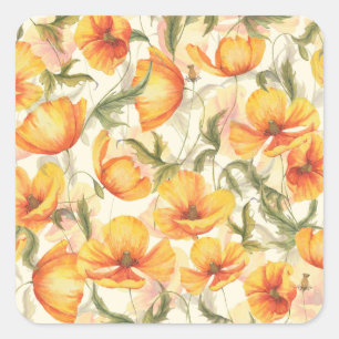 Yellow poppies: hand-drawn watercolor pattern. square sticker
