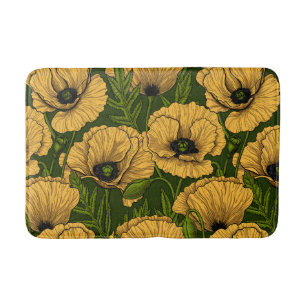 Yellow poppies on dark green bath mat
