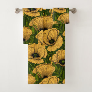 Yellow poppies on dark green bath towel set