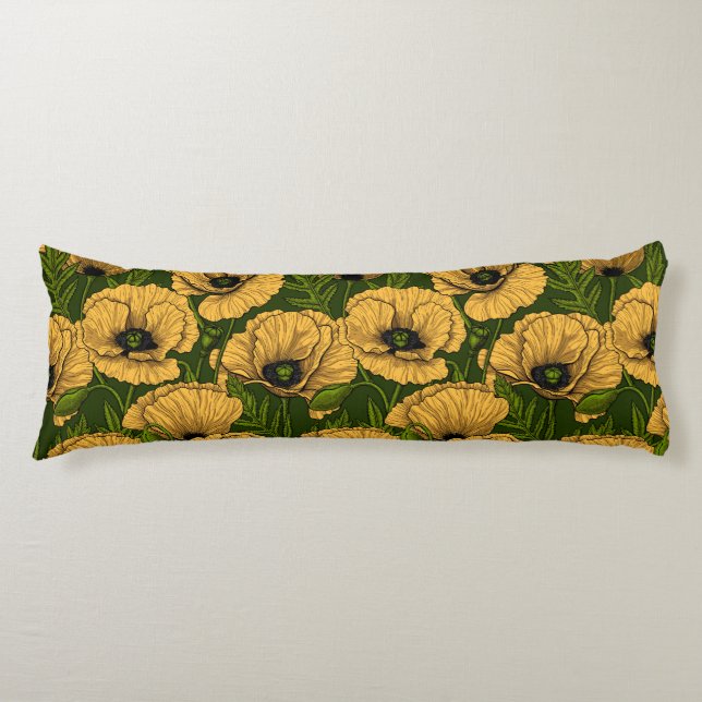 Yellow poppies on dark green body cushion (Front)