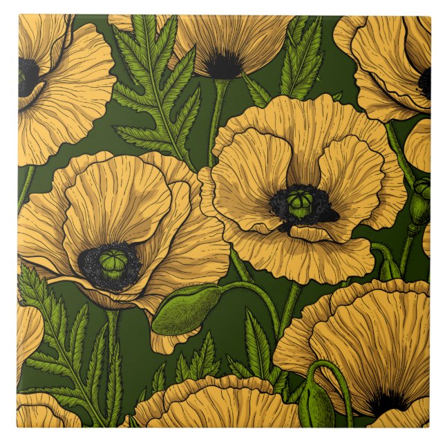 Yellow poppies on dark green ceramic tile (Front)
