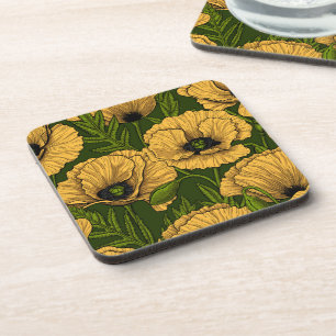 Yellow poppies on dark green coaster