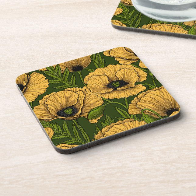 Yellow poppies on dark green coaster (Left Side)