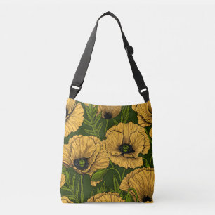 Yellow poppies on dark green crossbody bag
