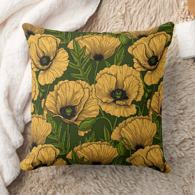 Yellow poppies on dark green cushion (Blanket)