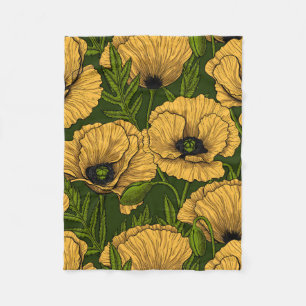Yellow poppies on dark green fleece blanket
