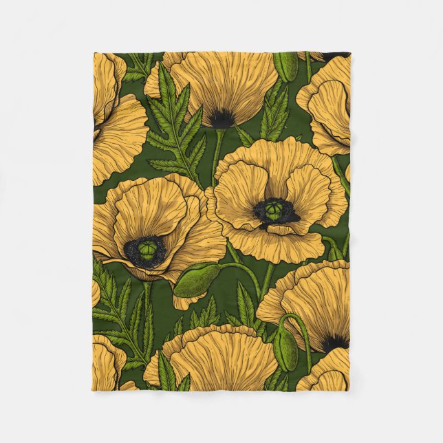 Yellow poppies on dark green fleece blanket (Front)