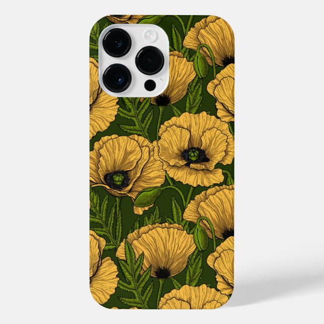 Yellow poppies on dark green iPhone case (Back)