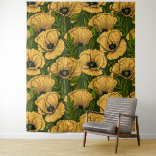 Yellow poppies on dark green tapestry