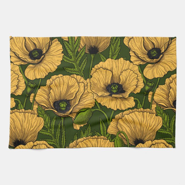 Yellow poppies on dark green tea towel (Horizontal)