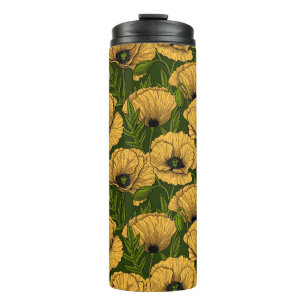 Yellow poppies on dark green thermal tumbler
