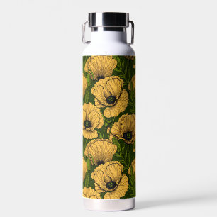 Yellow poppies on dark green water bottle