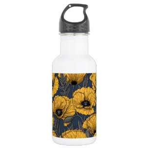 Yellow poppies on navy 532 ml water bottle