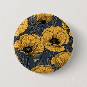 Yellow poppies on navy 6 cm round badge