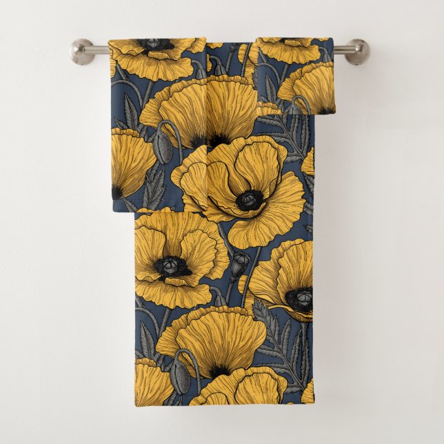 Yellow poppies on navy bath towel set (Insitu)
