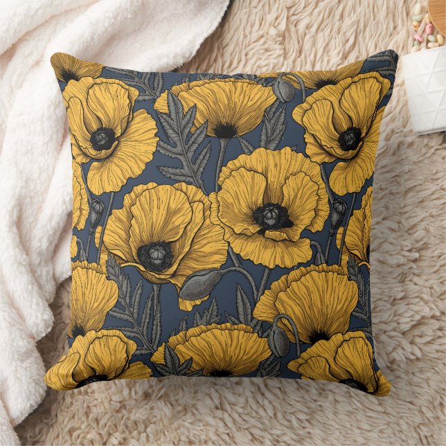 Yellow poppies on navy cushion (Blanket)