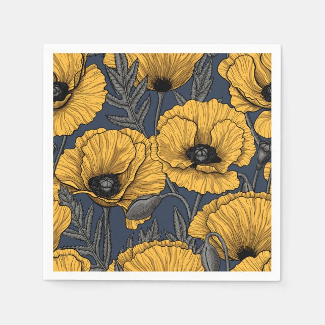 Yellow poppies on navy napkin (Front)