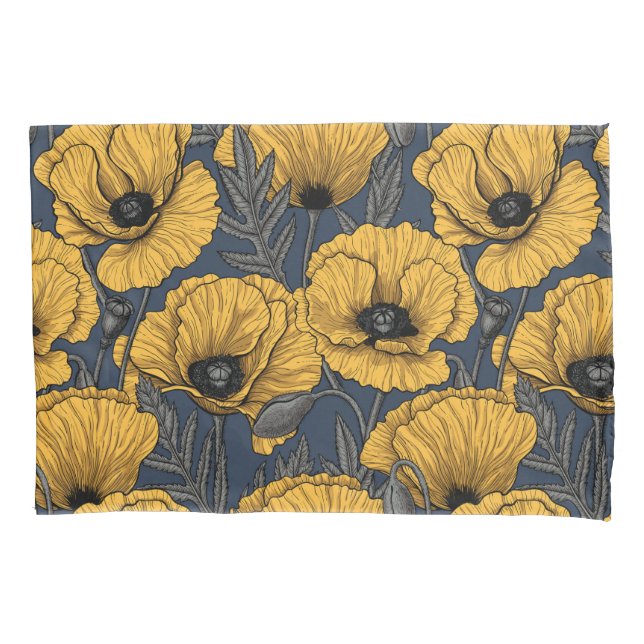Yellow poppies on navy pillowcase (Front-Left)