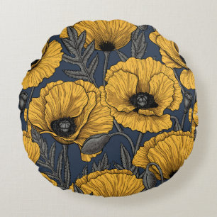 Yellow poppies on navy round cushion