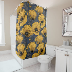 Yellow poppies on navy shower curtain