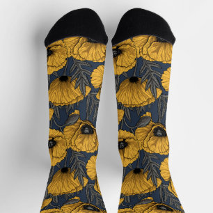 Yellow poppies on navy socks