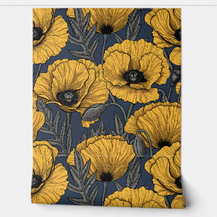 Yellow poppies on navy wallpaper