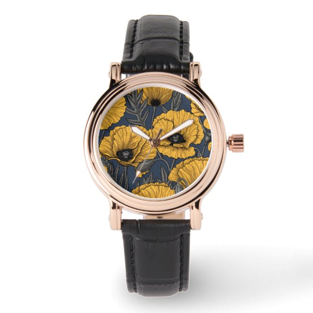 Yellow poppies on navy watch (Front)