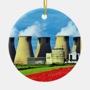 Yellow Poppy field and Ferrybridge power station, Ceramic Tree Decoration